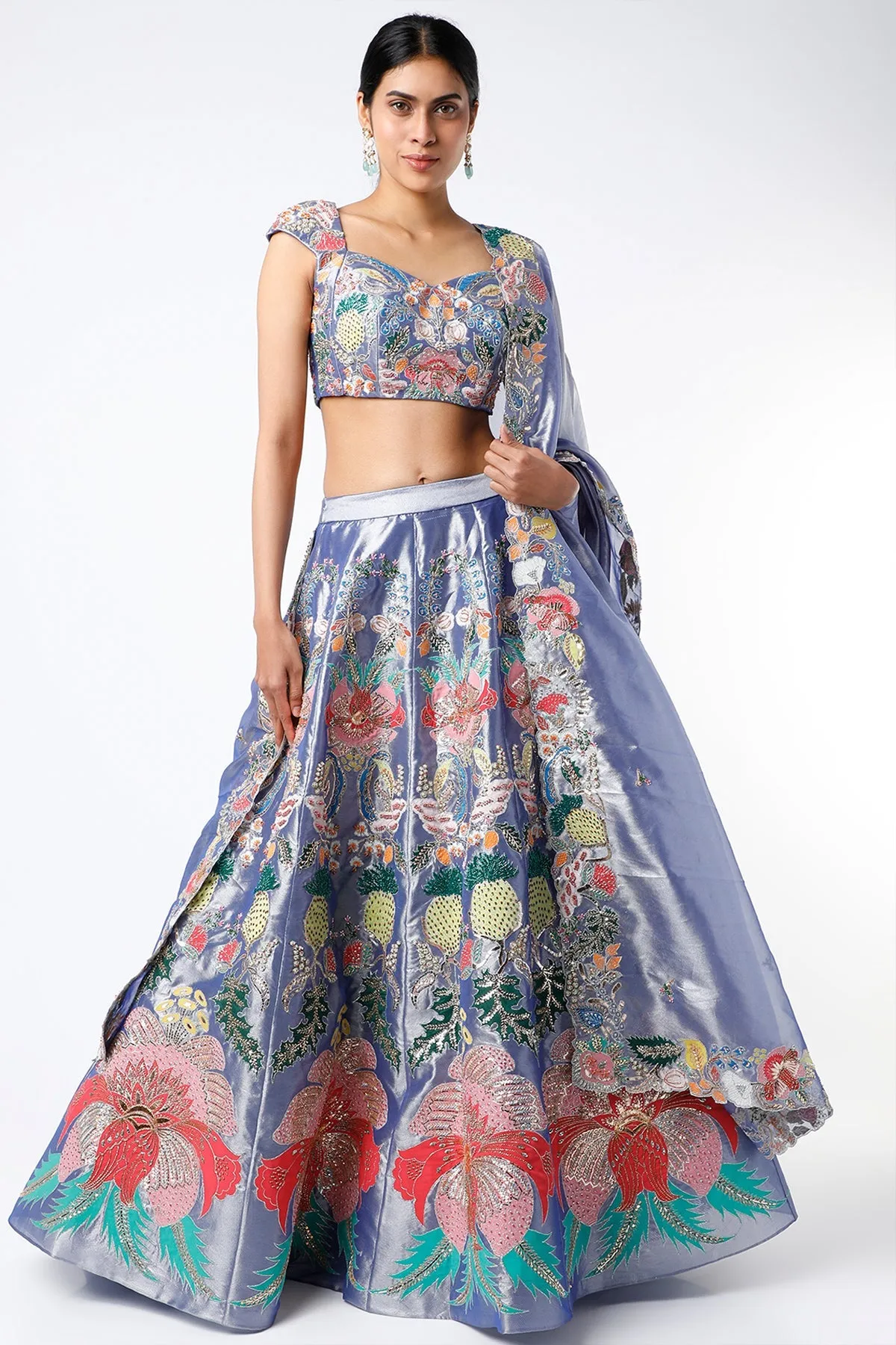 Dark Blue Juna Tissue Appliquéd And Embellished Lehenga With Blouse And Cutwork Tissue Dupatta
