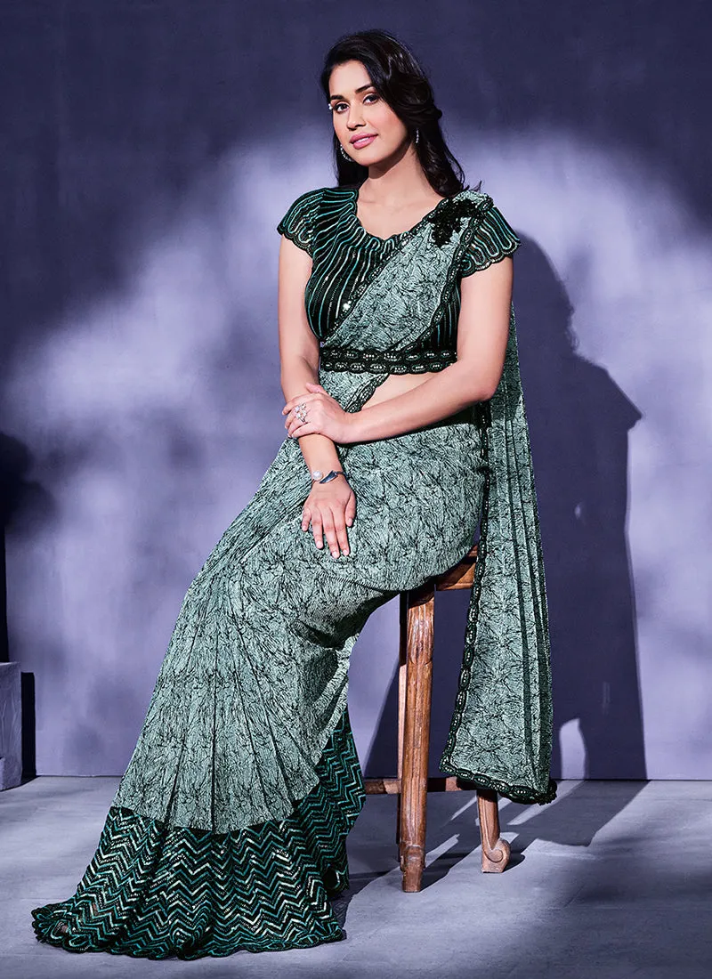 Dark Green Sequence And Appliqué Embroidery Wedding Saree