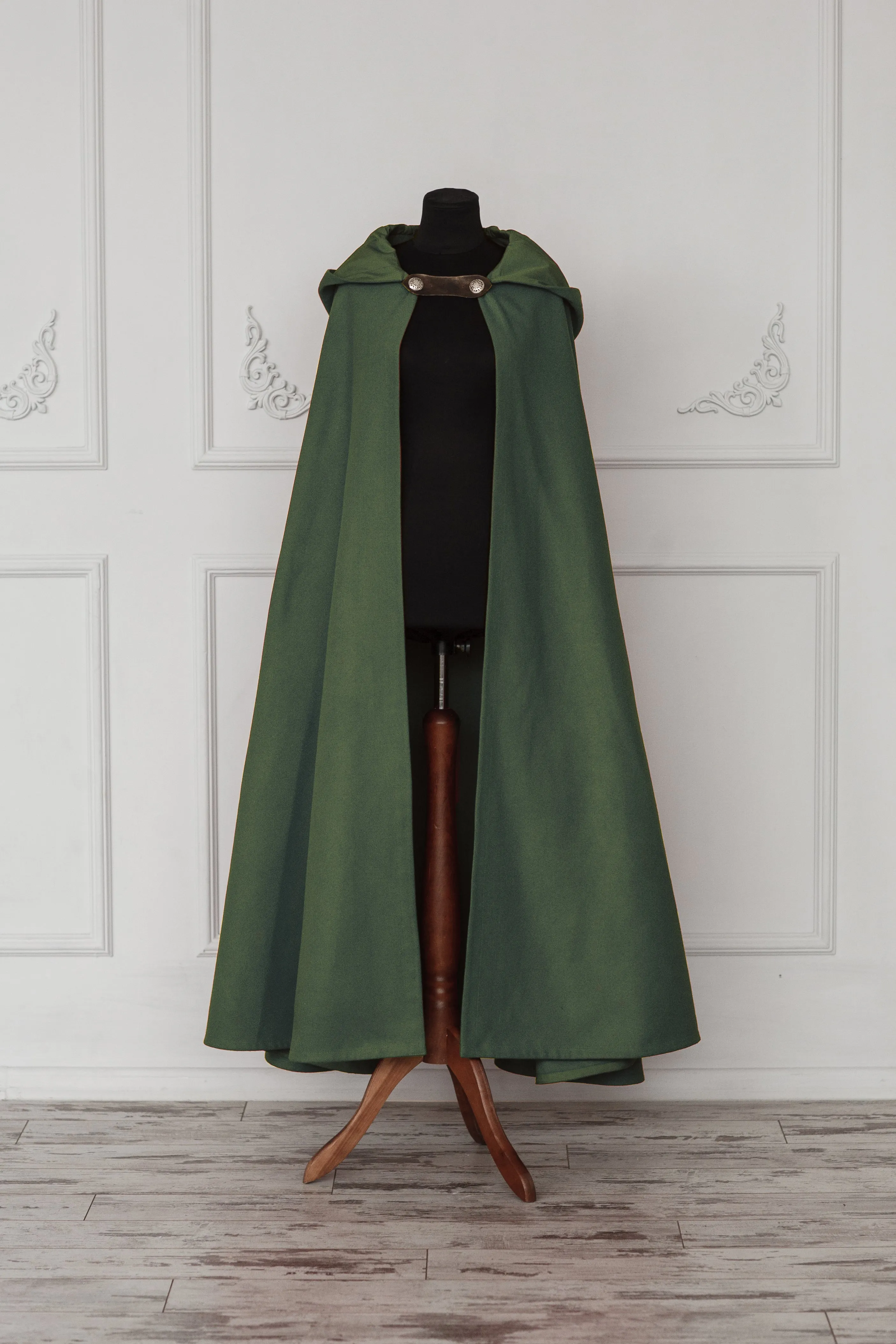 Dark Green vegan wool hooded cloak