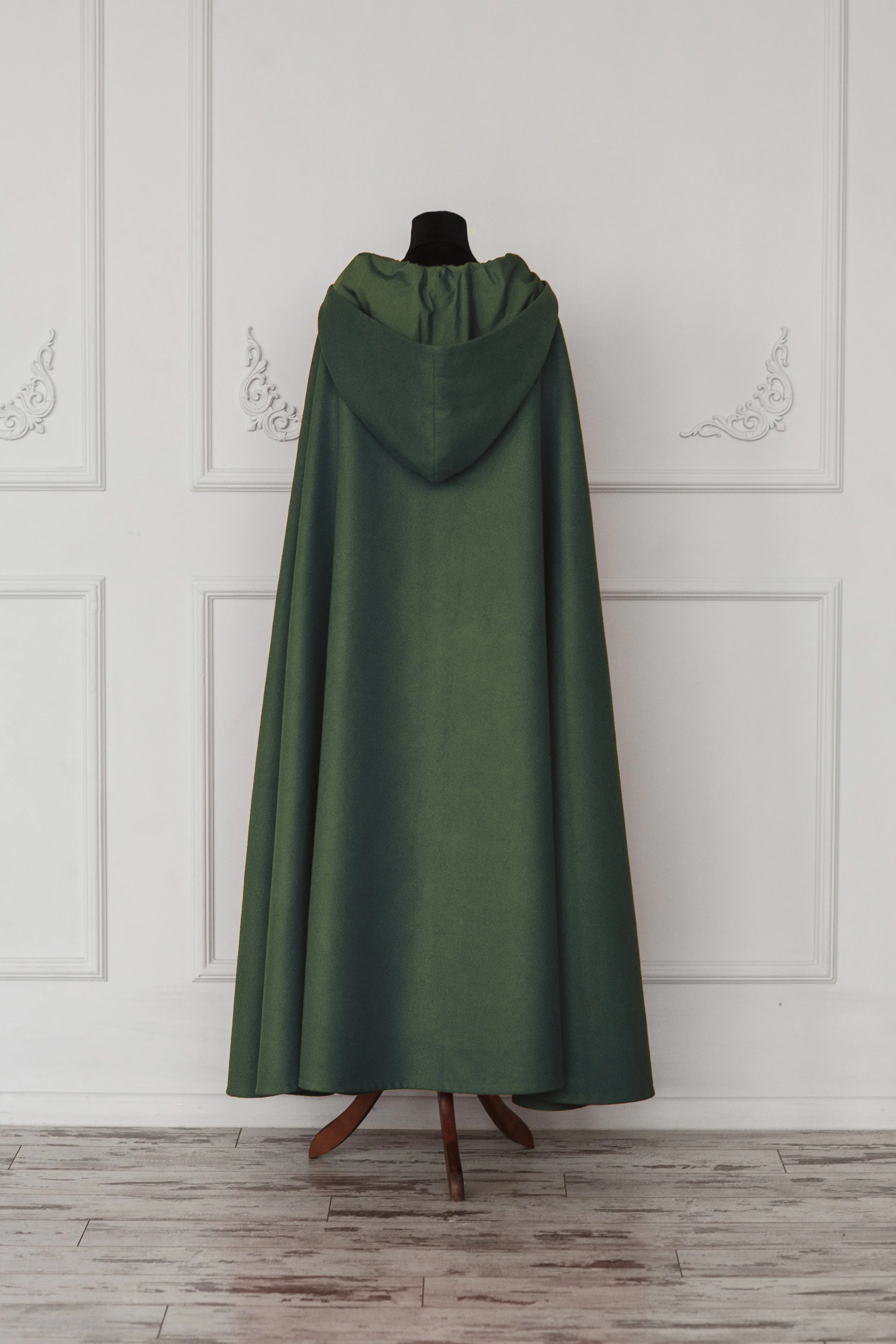 Dark Green vegan wool hooded cloak