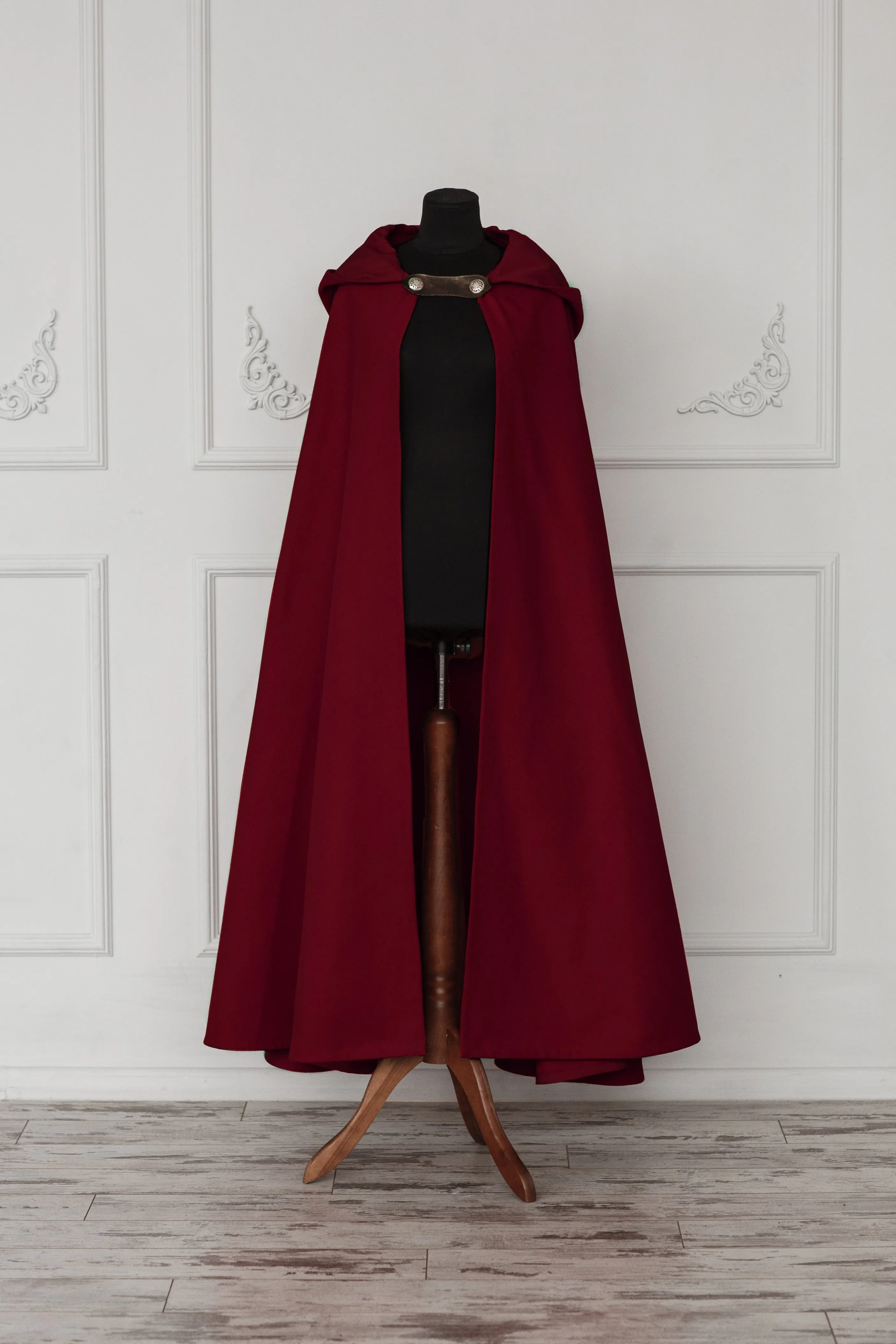 Dark Red vegan wool hooded cloak