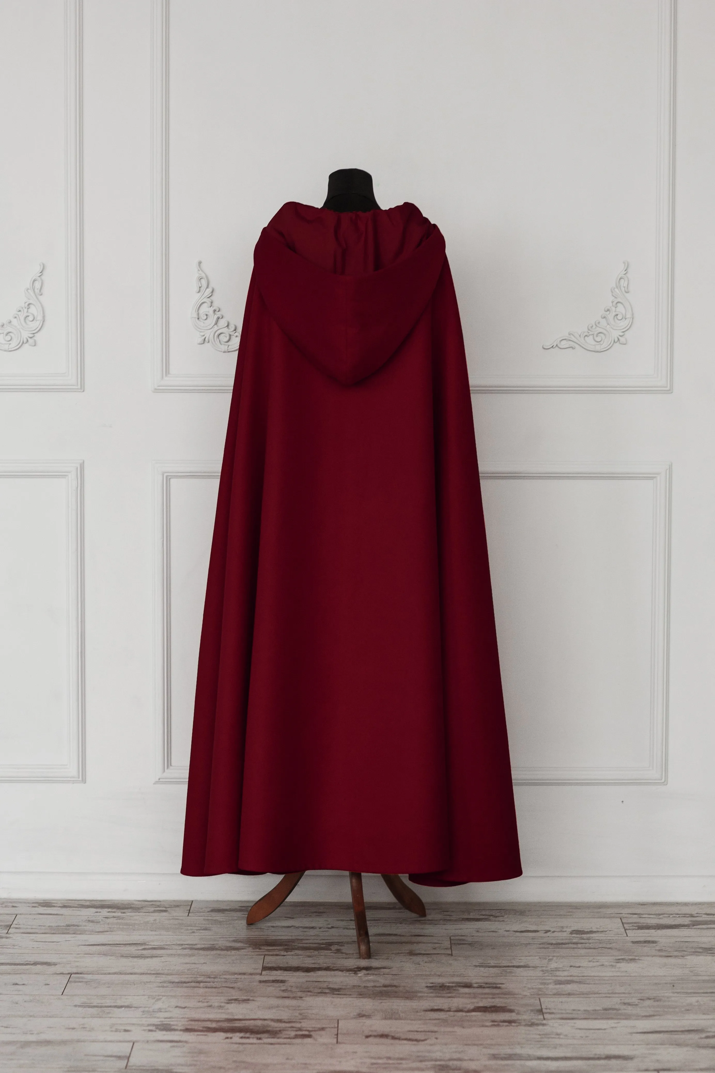 Dark Red vegan wool hooded cloak