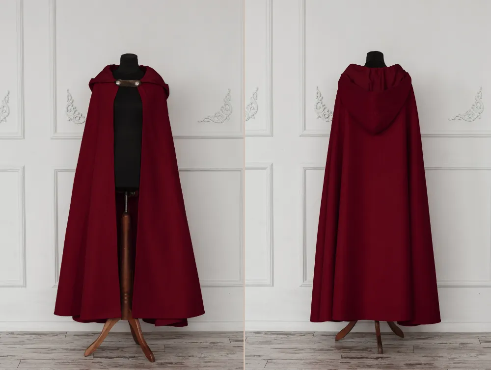 Dark Red vegan wool hooded cloak