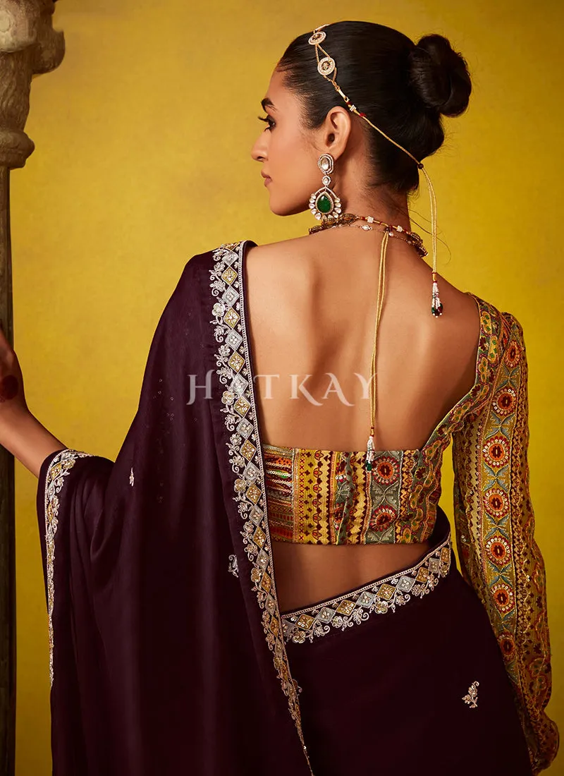Deep Wine And Yellow Multi Embroidery Silk Saree