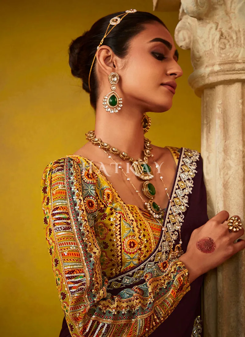 Deep Wine And Yellow Multi Embroidery Silk Saree