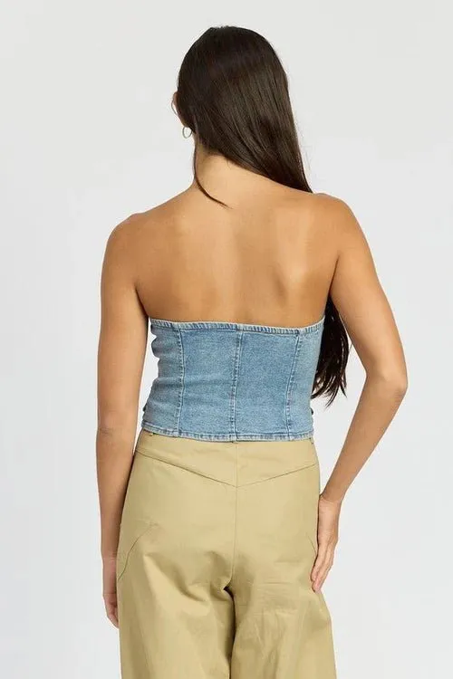 Denim Button-Down Bustier Top