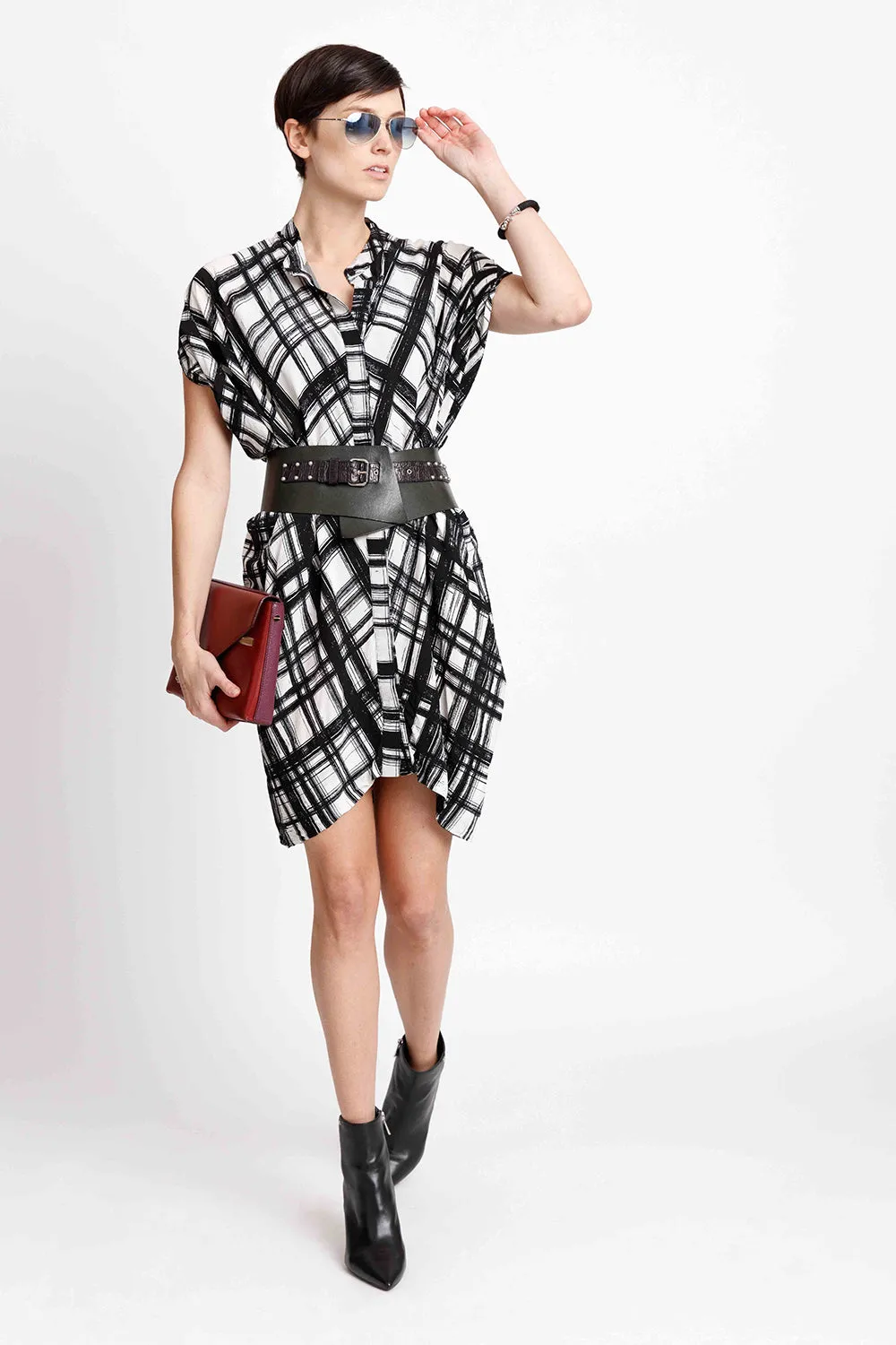 Draped Button Down Shirt Dress - Check