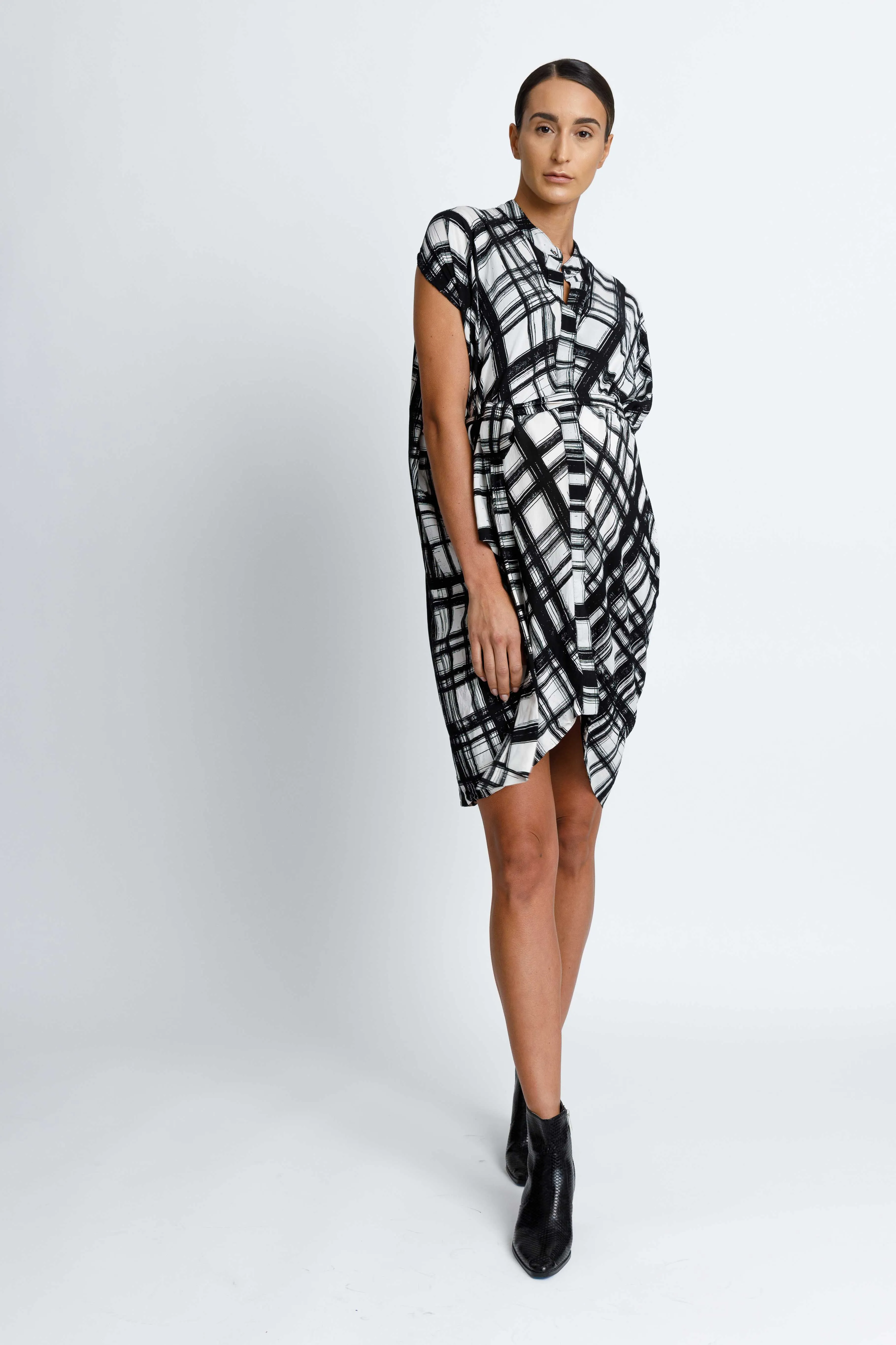 Draped Button Down Shirt Dress - Check