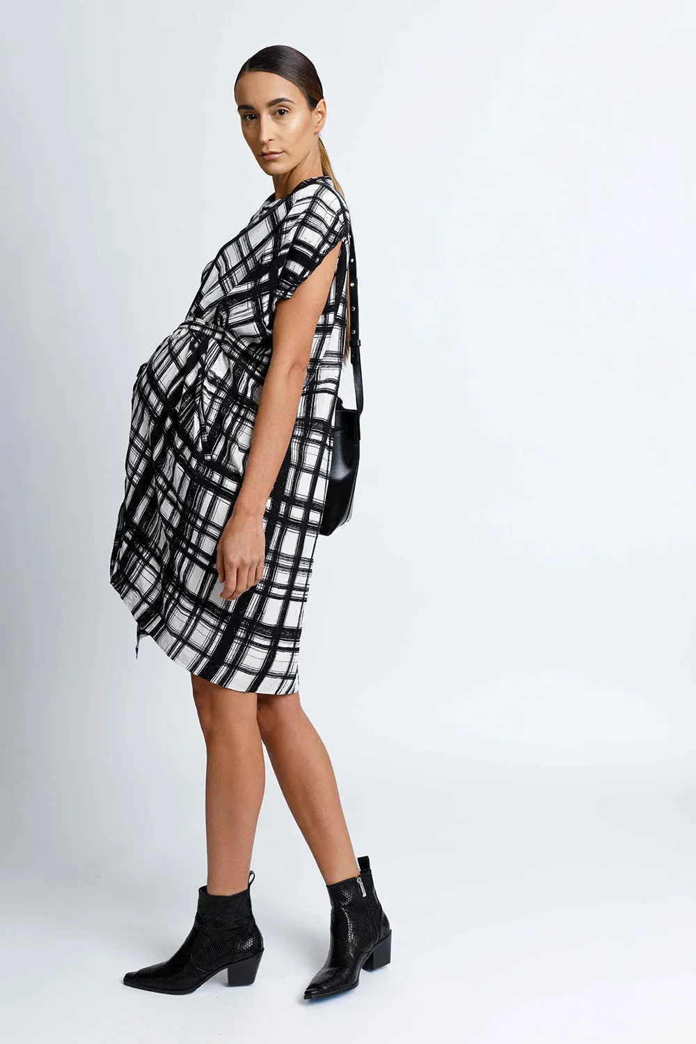Draped Button Down Shirt Dress - Check