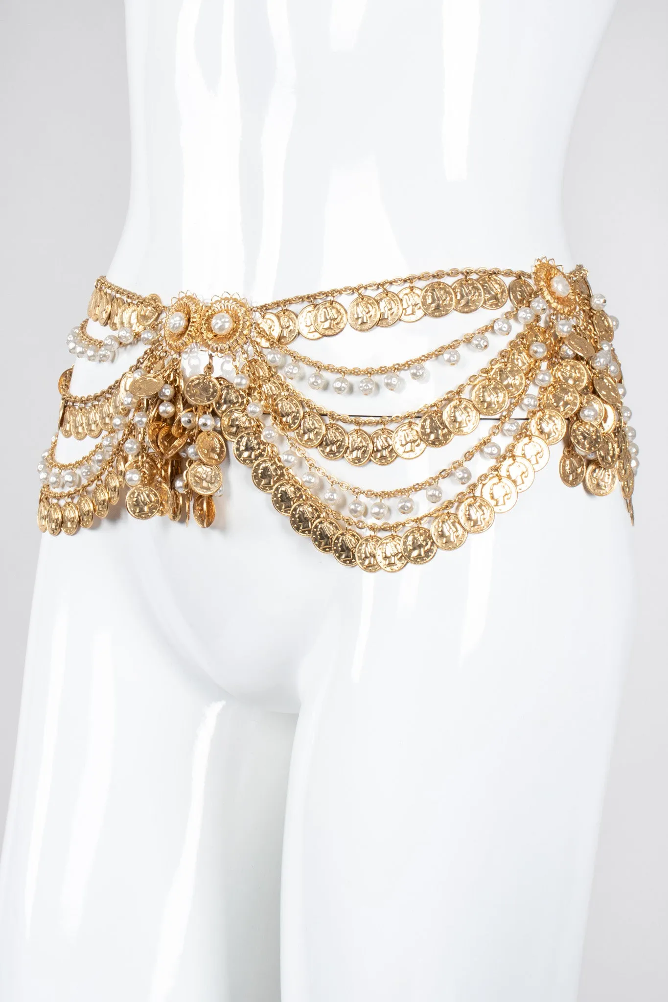 Draped Coin Pearl Chain Belt