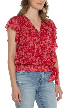 Draped Front Short Ruffled Slv Top w Waist Tie