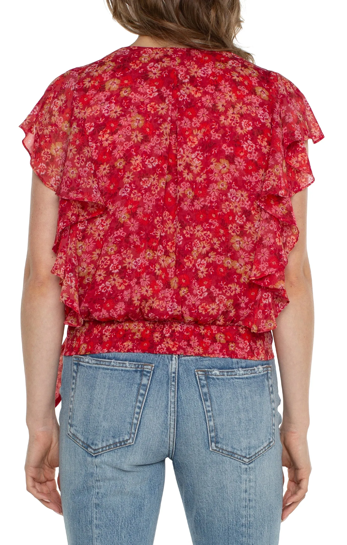 Draped Front Short Ruffled Slv Top w Waist Tie