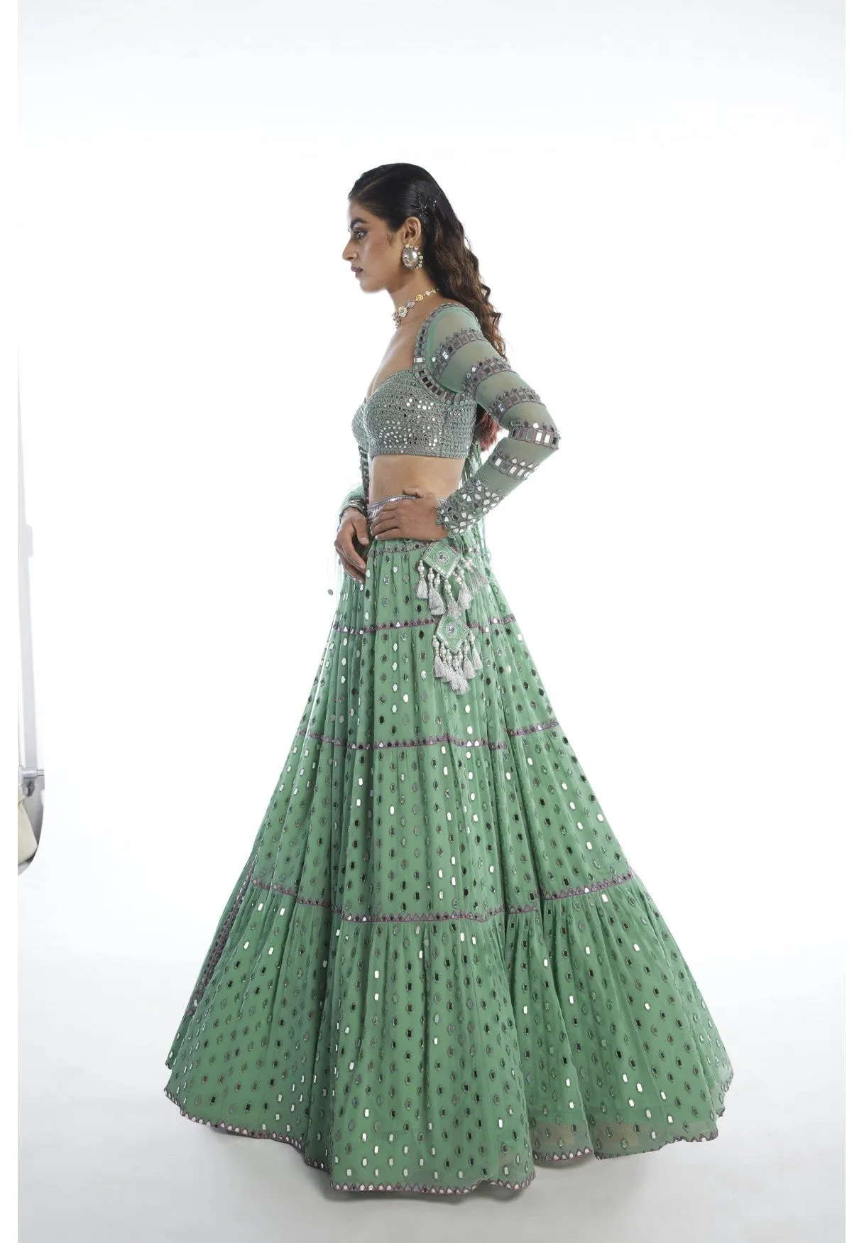 Dull Mint Tier Lehenga Set