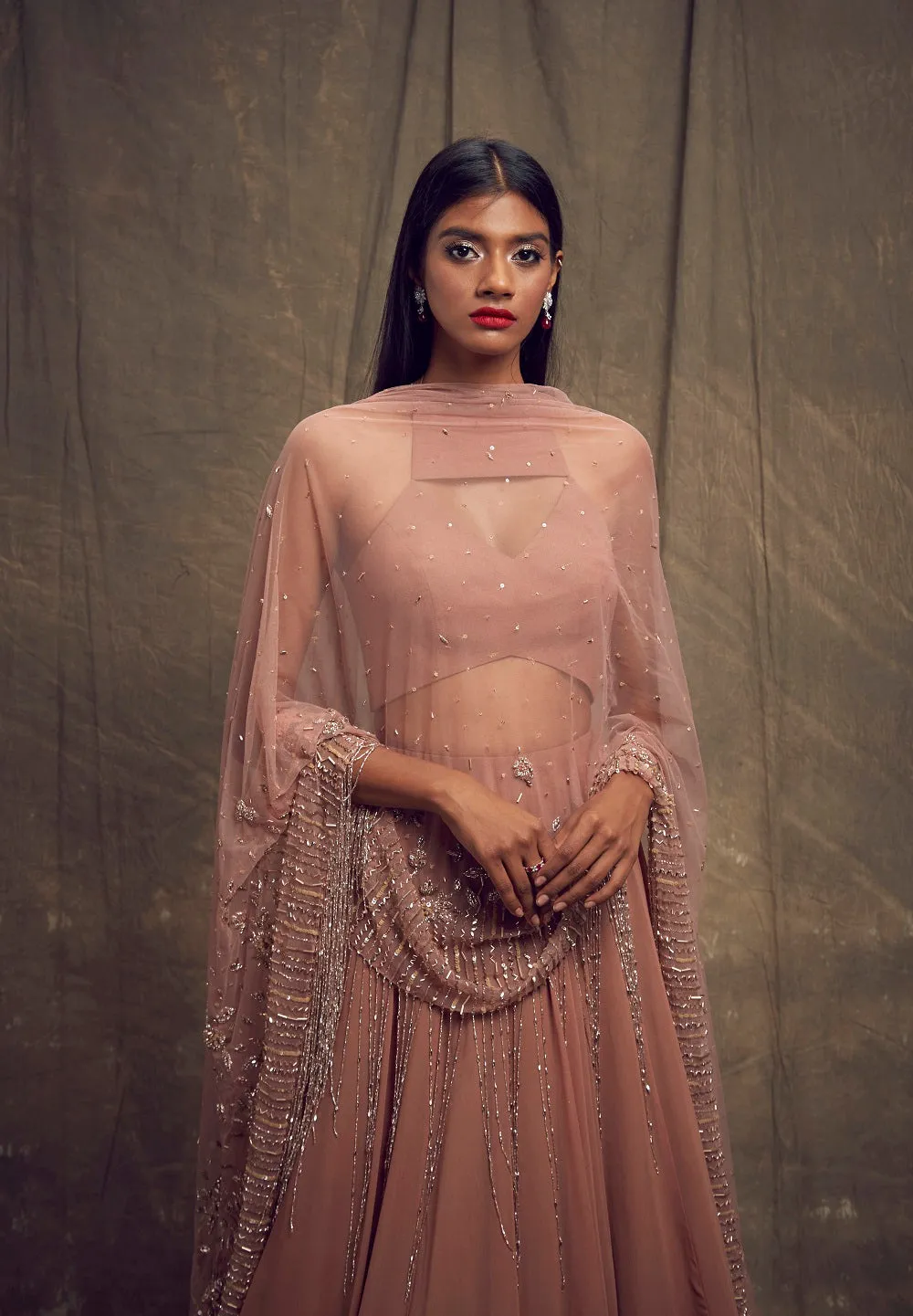 Dusty Rose Lehenga with Geometric Cut Out Blouse