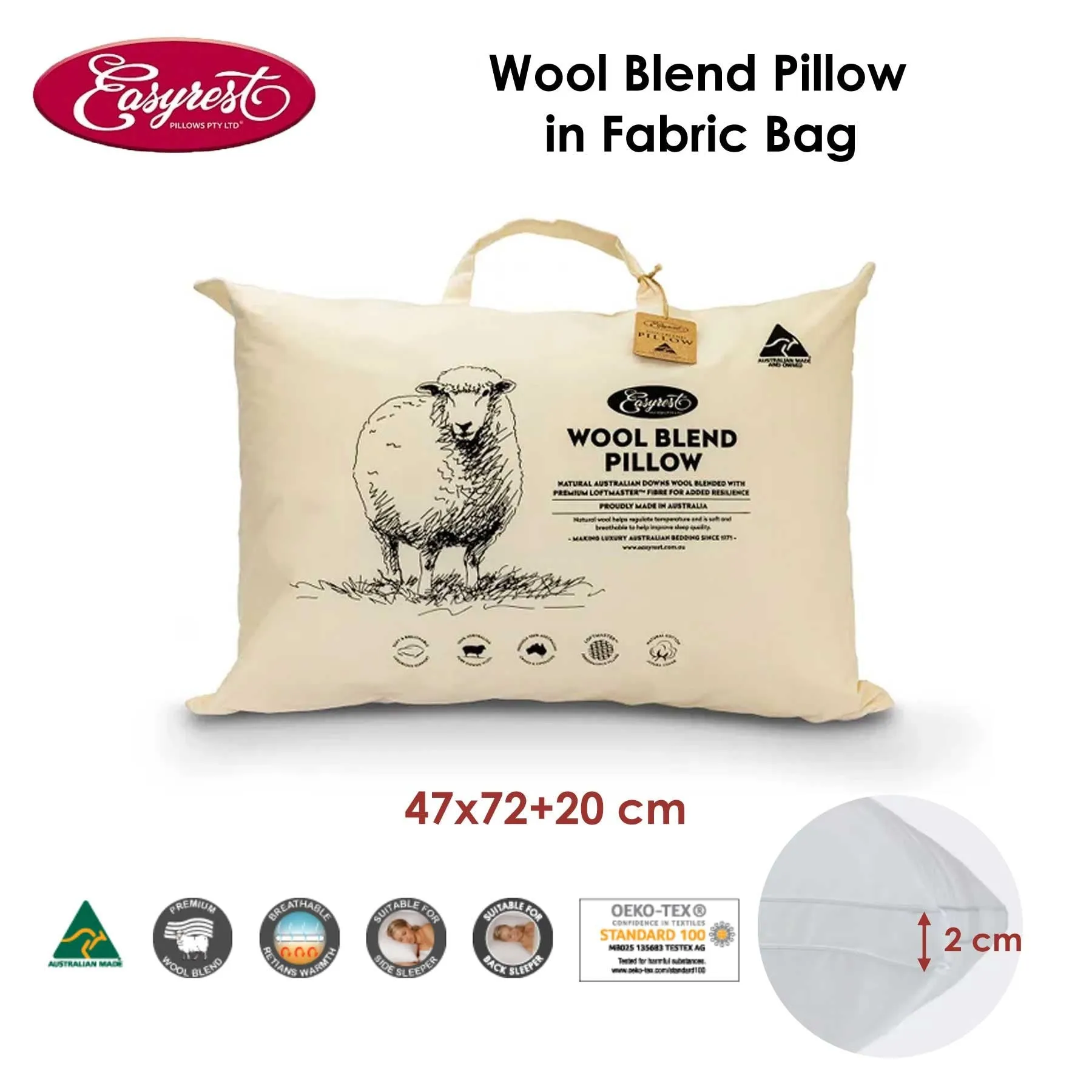 Easyrest Wool Blend Standard Pillow in Fabric Bag 47 x 72   20 cm
