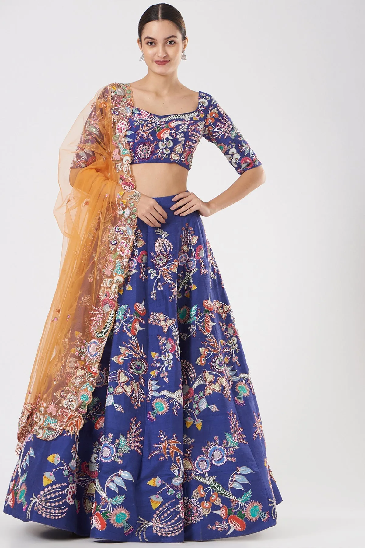 Electric Blue Paper Dolls Raw Silk Appliquéd And Embellished Lehenga With Blouse And Cutwork Tulle Dupatta