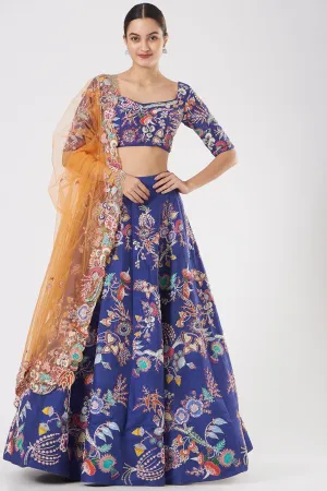 Electric Blue Paper Dolls Raw Silk Appliquéd And Embellished Lehenga With Blouse And Cutwork Tulle Dupatta