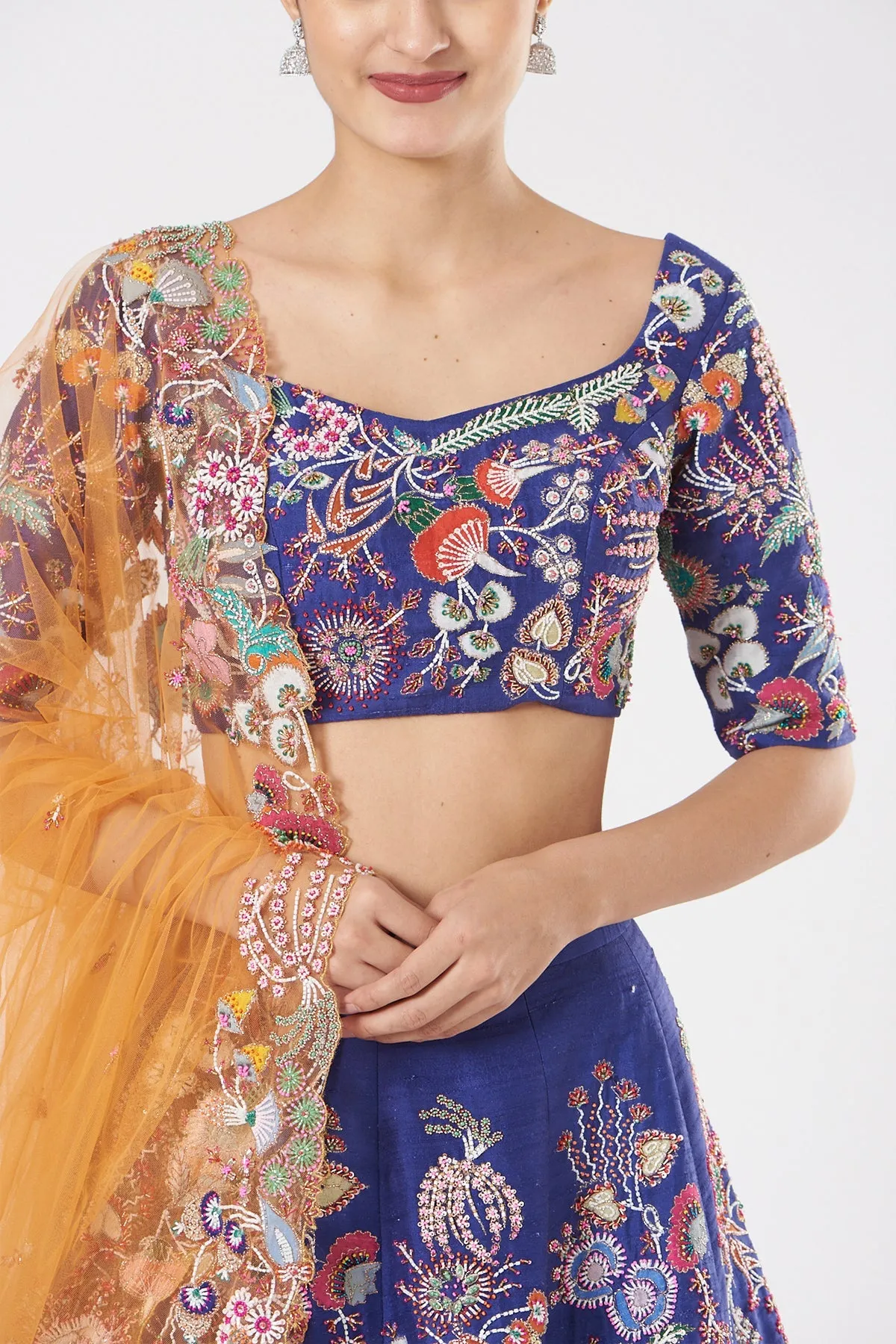 Electric Blue Paper Dolls Raw Silk Appliquéd And Embellished Lehenga With Blouse And Cutwork Tulle Dupatta