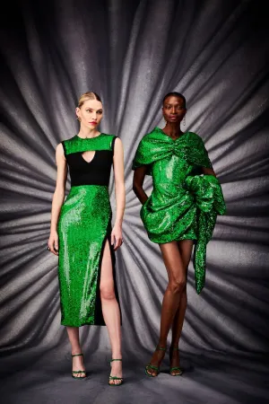 Electric Green Sequin Draped Bow Dress