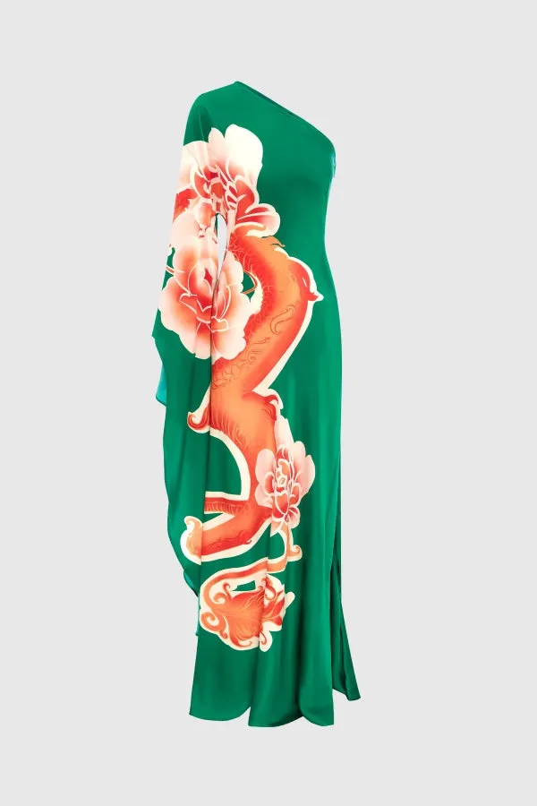 Elegance and Grace Satin Dragon Print One Shoulder Drape Sleeve Maxi Dress