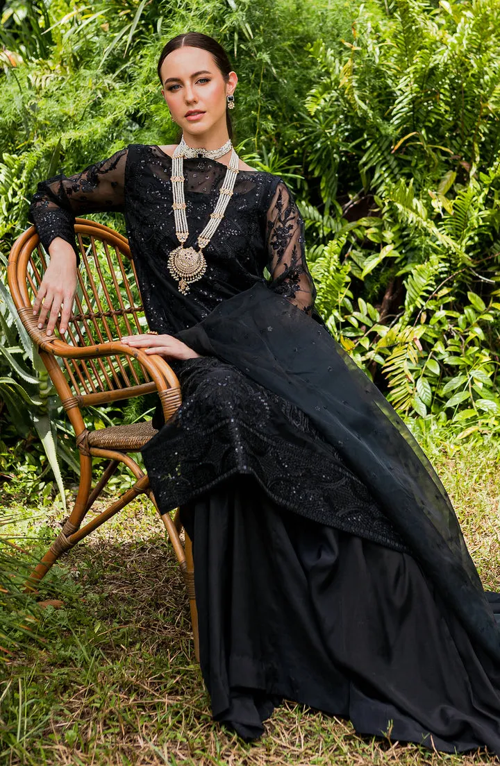 Elegant Black Embroidered Chiffon Pakistani Salwar Kameez with Dupatta