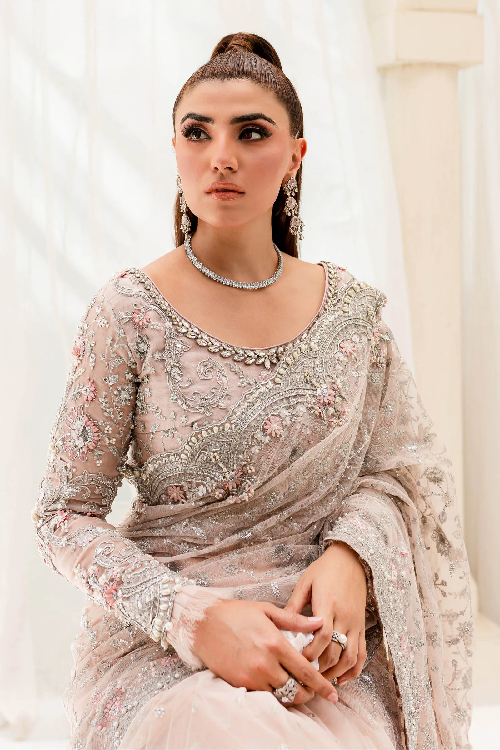 Embellished Bridal Saree Dress in Pink for Wedding