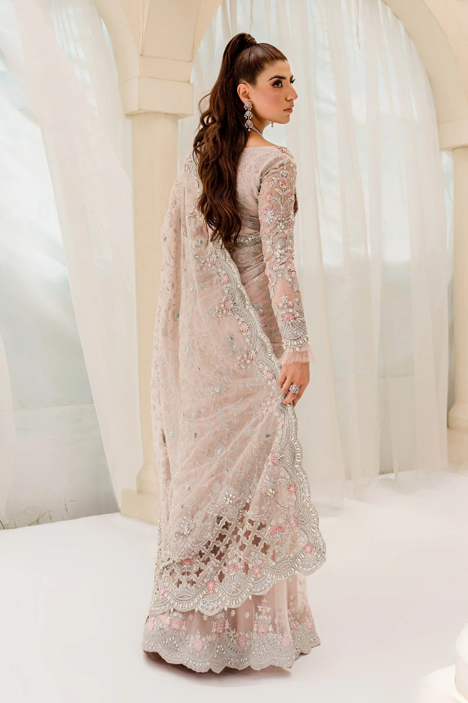 Embellished Bridal Saree Dress in Pink for Wedding