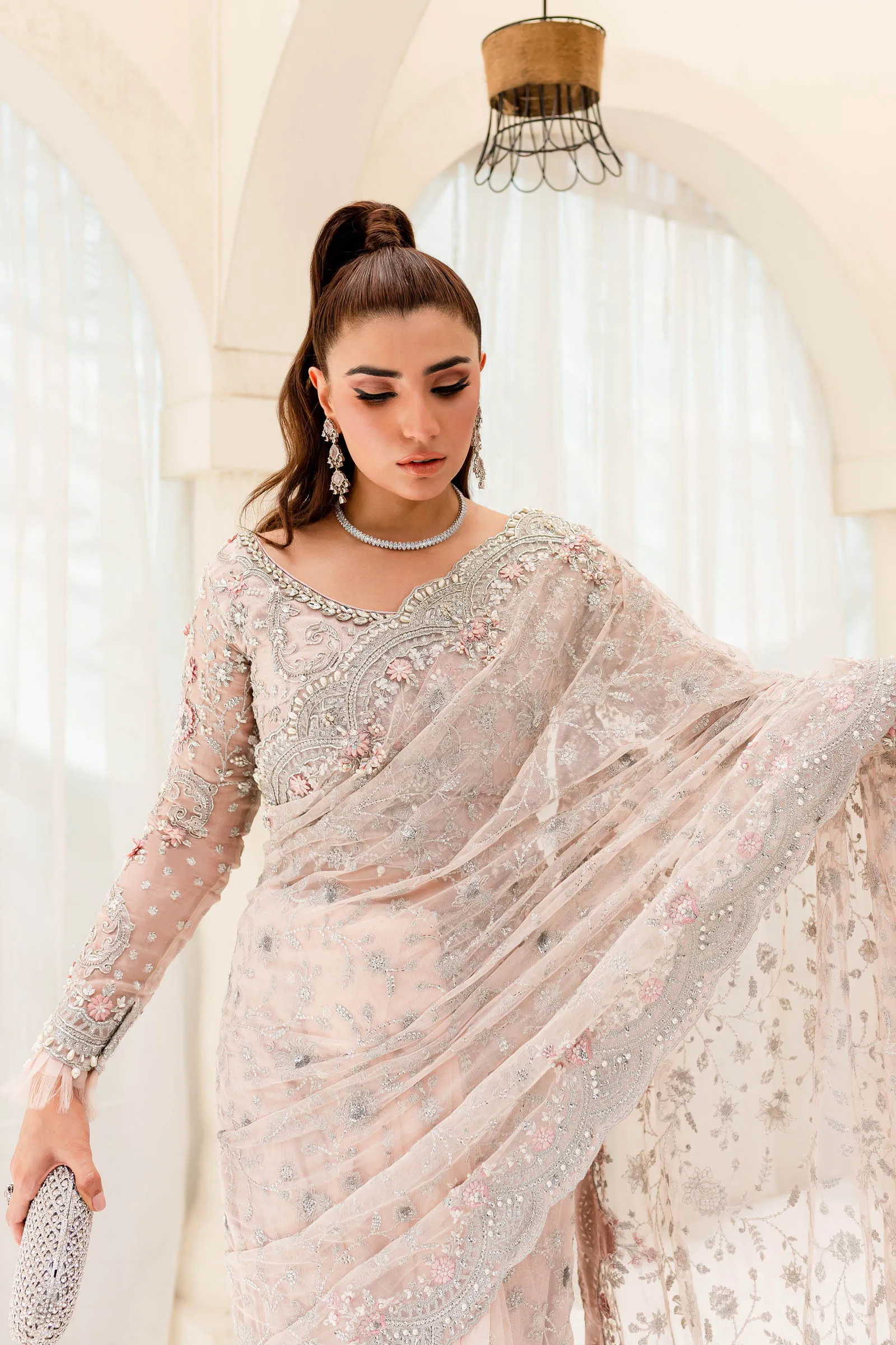 Embellished Bridal Saree Dress in Pink for Wedding
