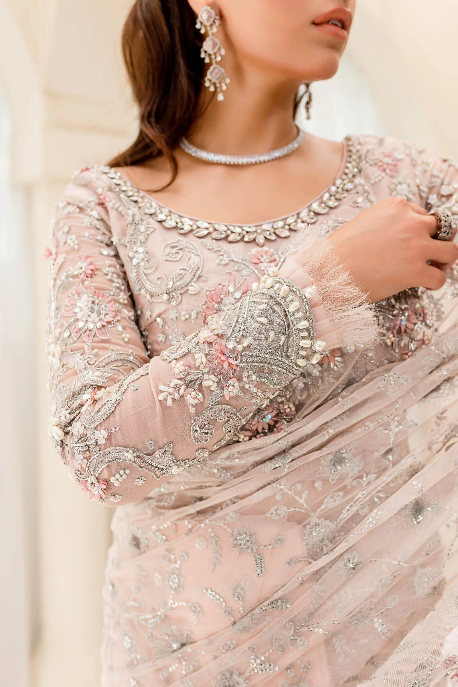 Embellished Bridal Saree Dress in Pink for Wedding