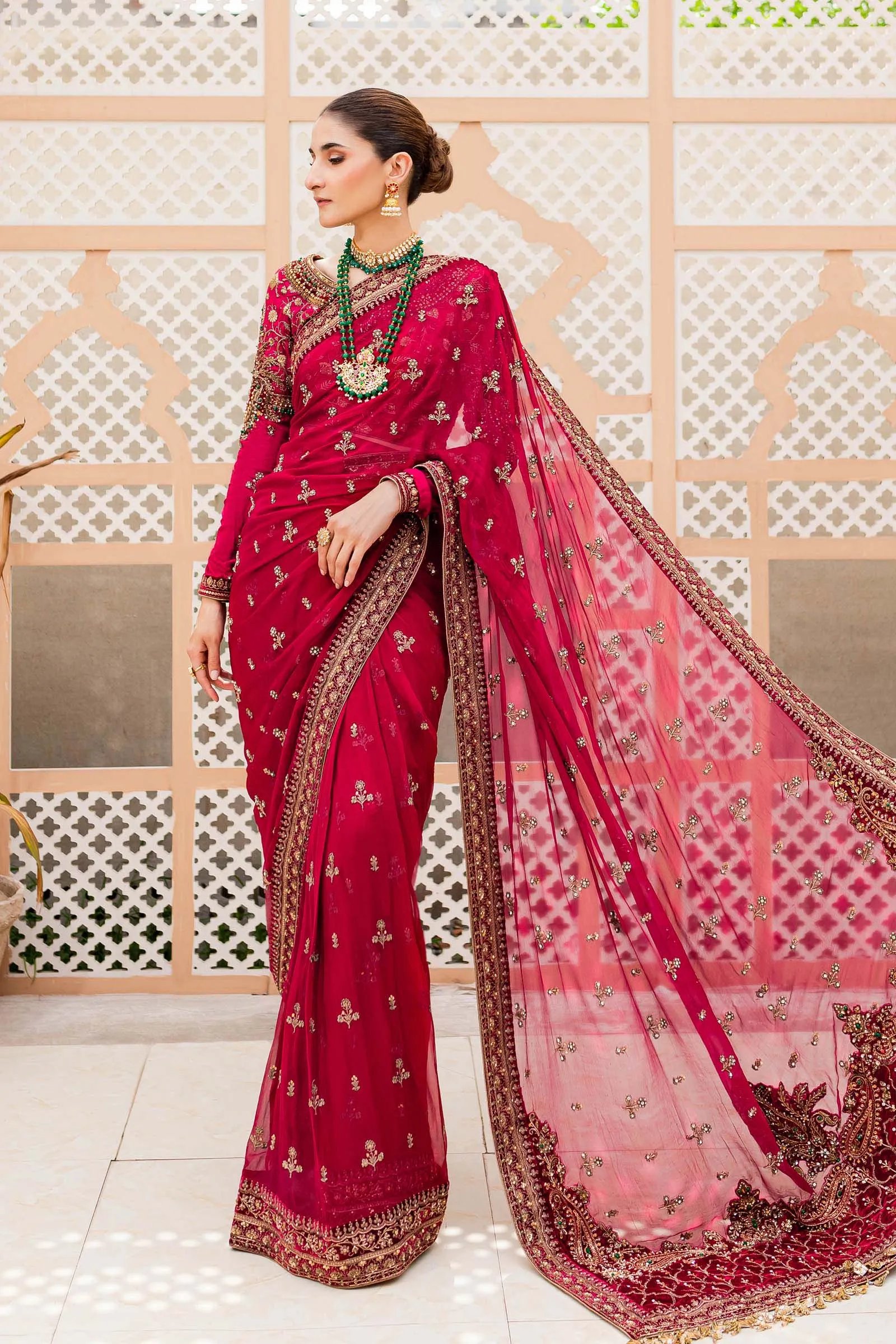 Embellished Bridal Wedding Dress in Red Saree Style