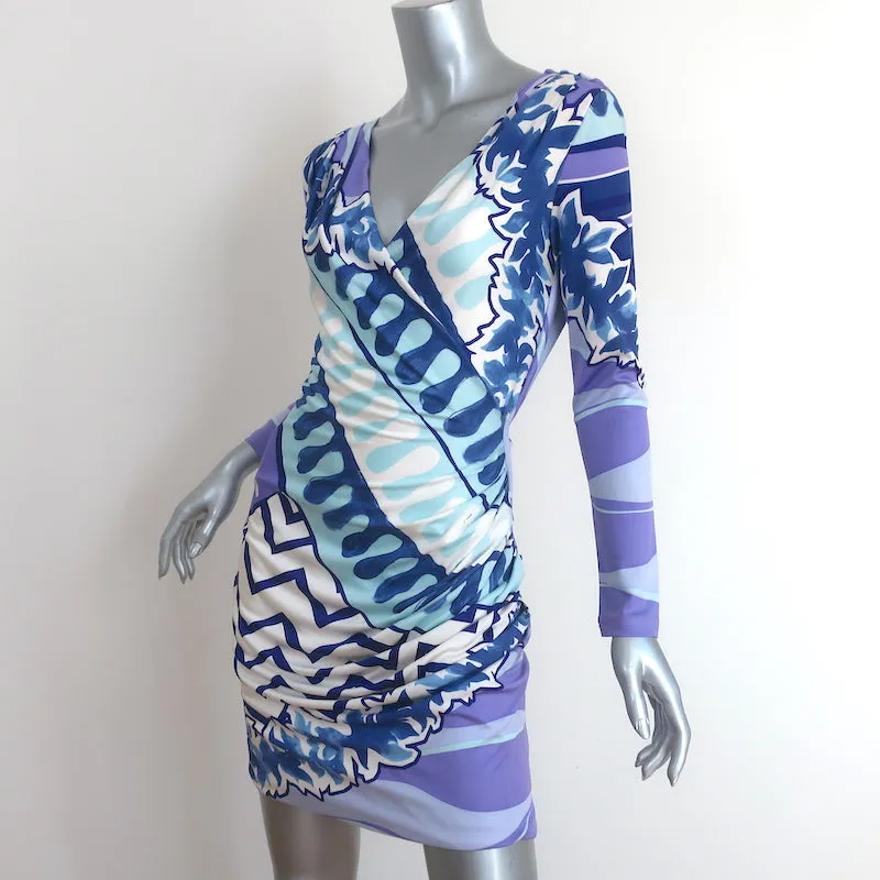 Emilio Pucci Draped Jersey Mini Dress Blue/Purple Printed Silk Size US 6