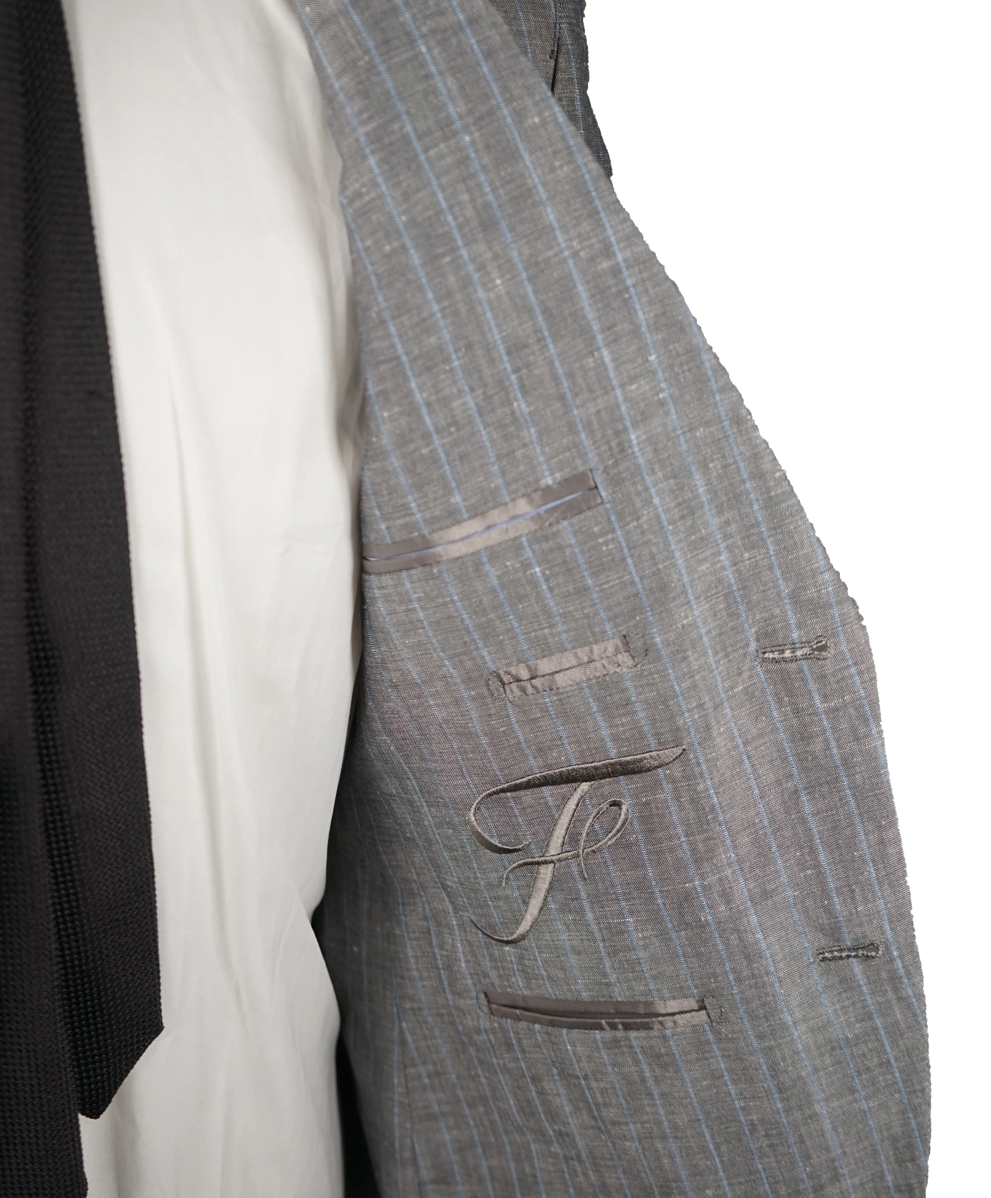 FACONNABLE - Gray & Blue Chalk Stripe Linen Blend Suit - 38S