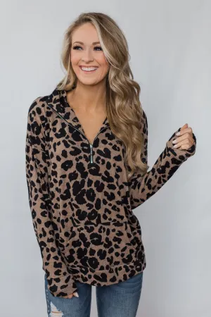 Fast-Paced Leopard Quarter Zip Top- Mocha