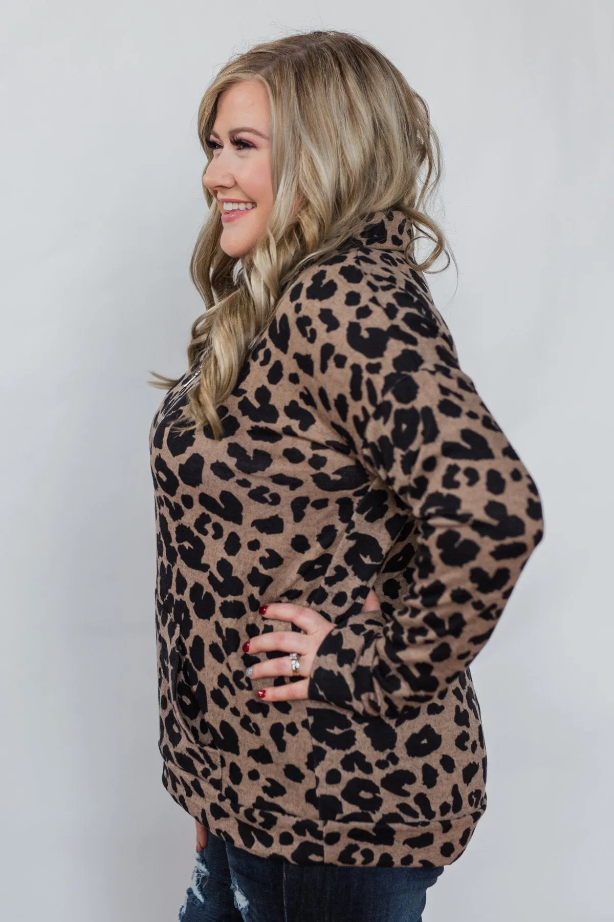 Fast-Paced Leopard Quarter Zip Top- Mocha