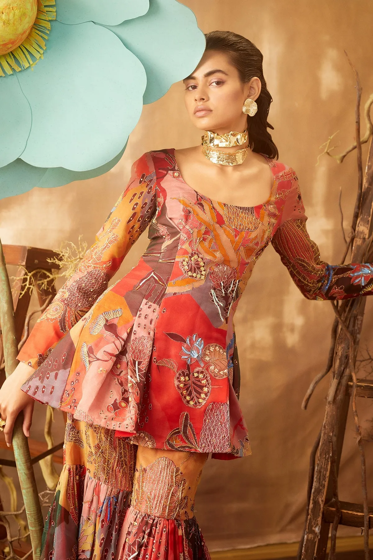 Fiery Red Pastiche Organza Printed And Embellished Sharara Set with Cutwork Dupatta