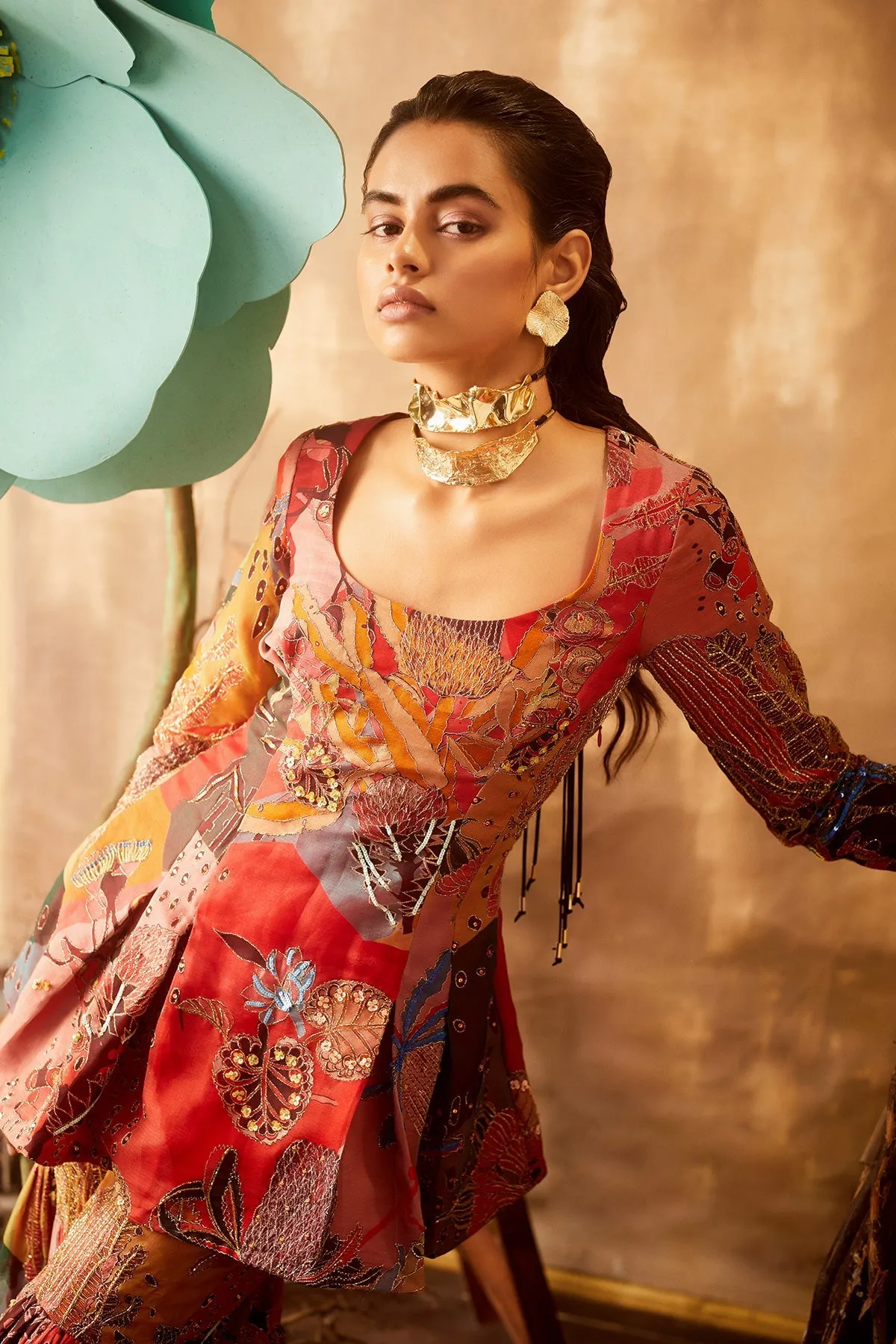 Fiery Red Pastiche Organza Printed And Embellished Sharara Set with Cutwork Dupatta