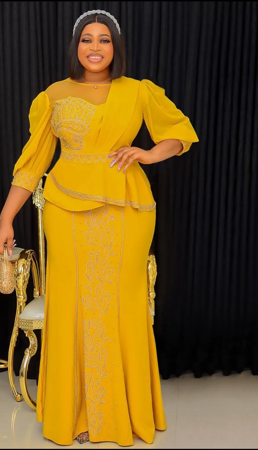 FINAL SALE! Dione- 2pcs Gemstone Blouse/Floor Length Skirt Set (CLEARANCE OUTLET! Final Sale/No Return/No Exchange!)