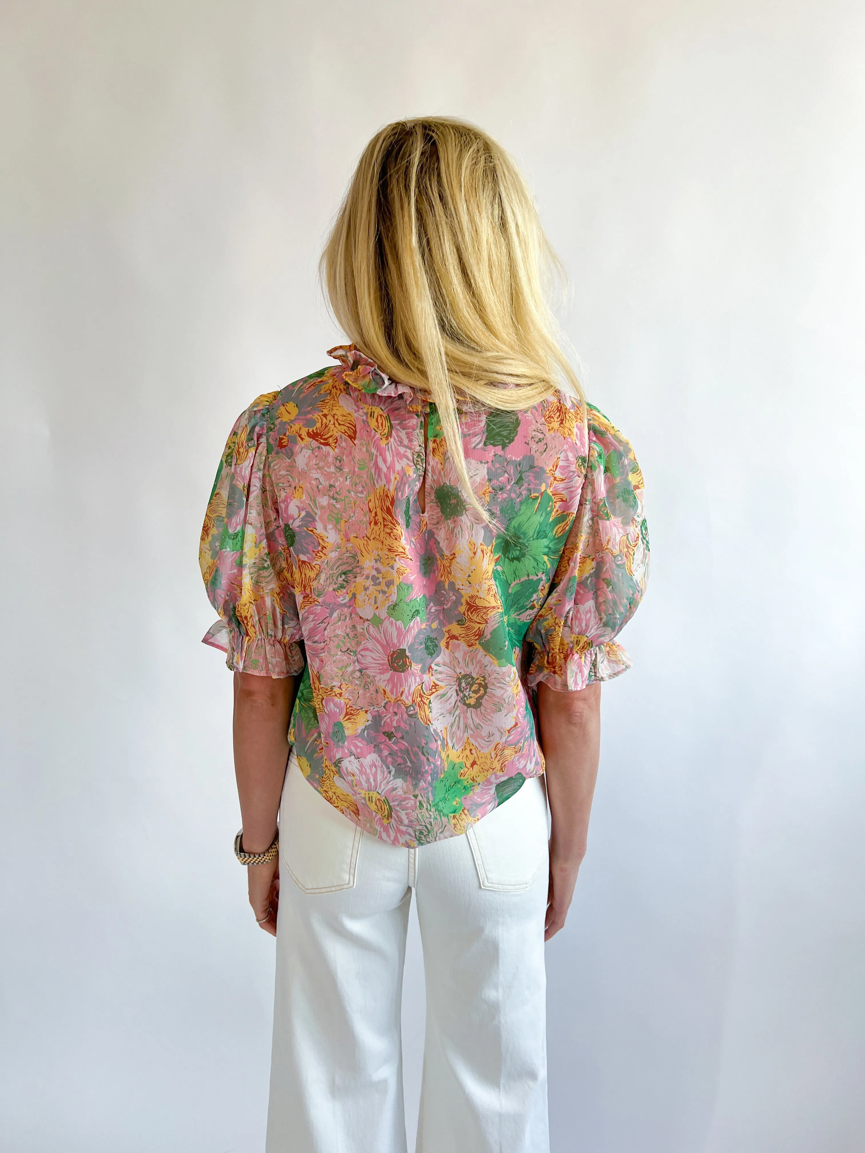 Flower Print Puffed Sleeves Top