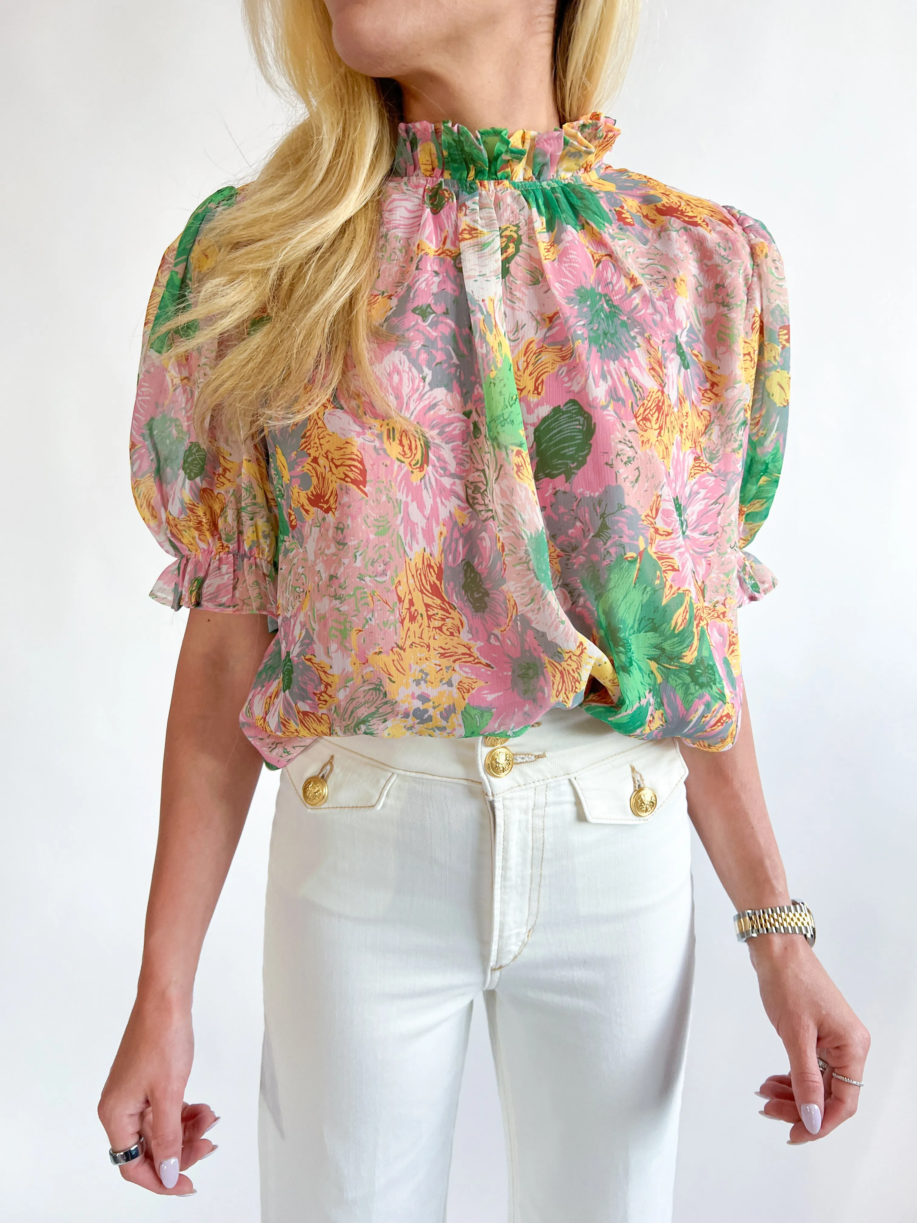 Flower Print Puffed Sleeves Top