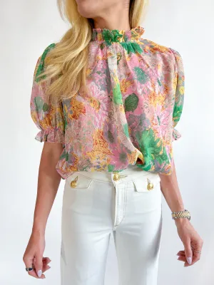 Flower Print Puffed Sleeves Top