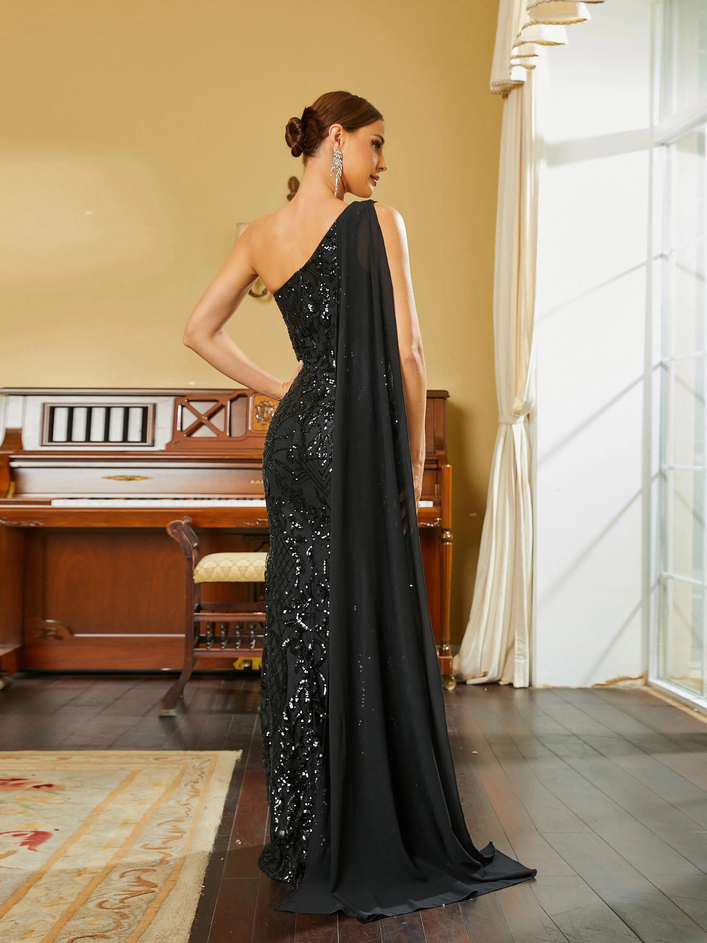 Formal One Shoulder Sequin Black Dress RH30539