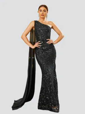 Formal One Shoulder Sequin Black Dress RH30539