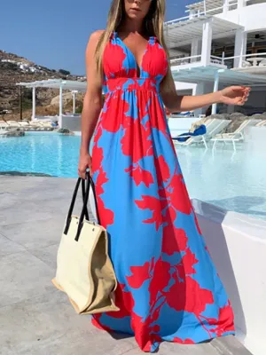 Formal V-neck Printed Long Dress