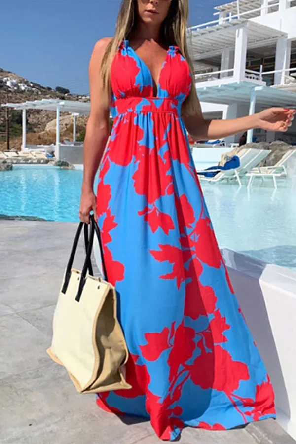 Formal V-neck Printed Long Dress