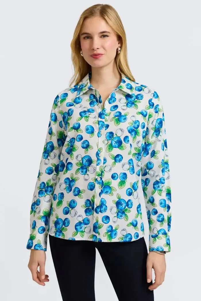 Foxcroft Hampton Watercolor Blueberries Long Sleeve Shirt