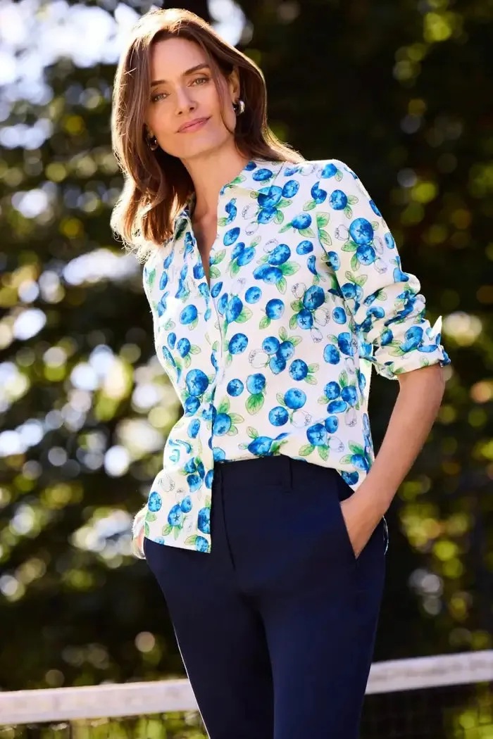 Foxcroft Hampton Watercolor Blueberries Long Sleeve Shirt