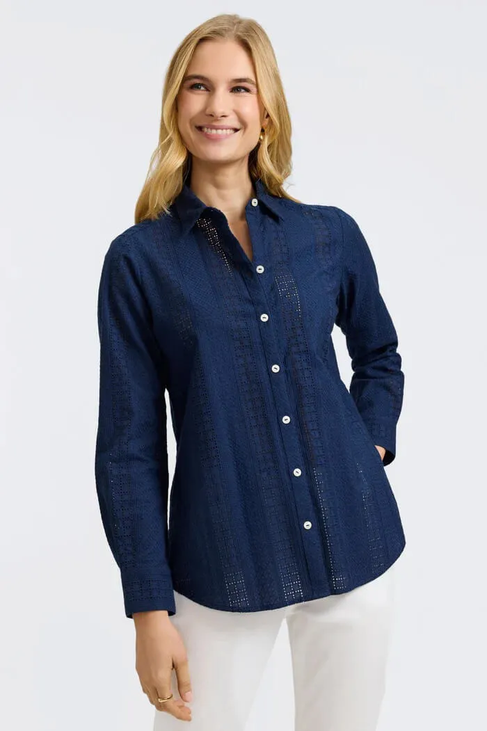 Foxcroft Zoey Cotton Eyelet Long Sleeve Shirt in Navy