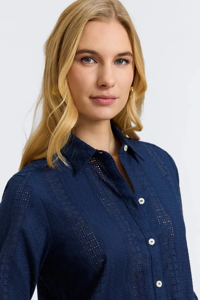 Foxcroft Zoey Cotton Eyelet Long Sleeve Shirt in Navy