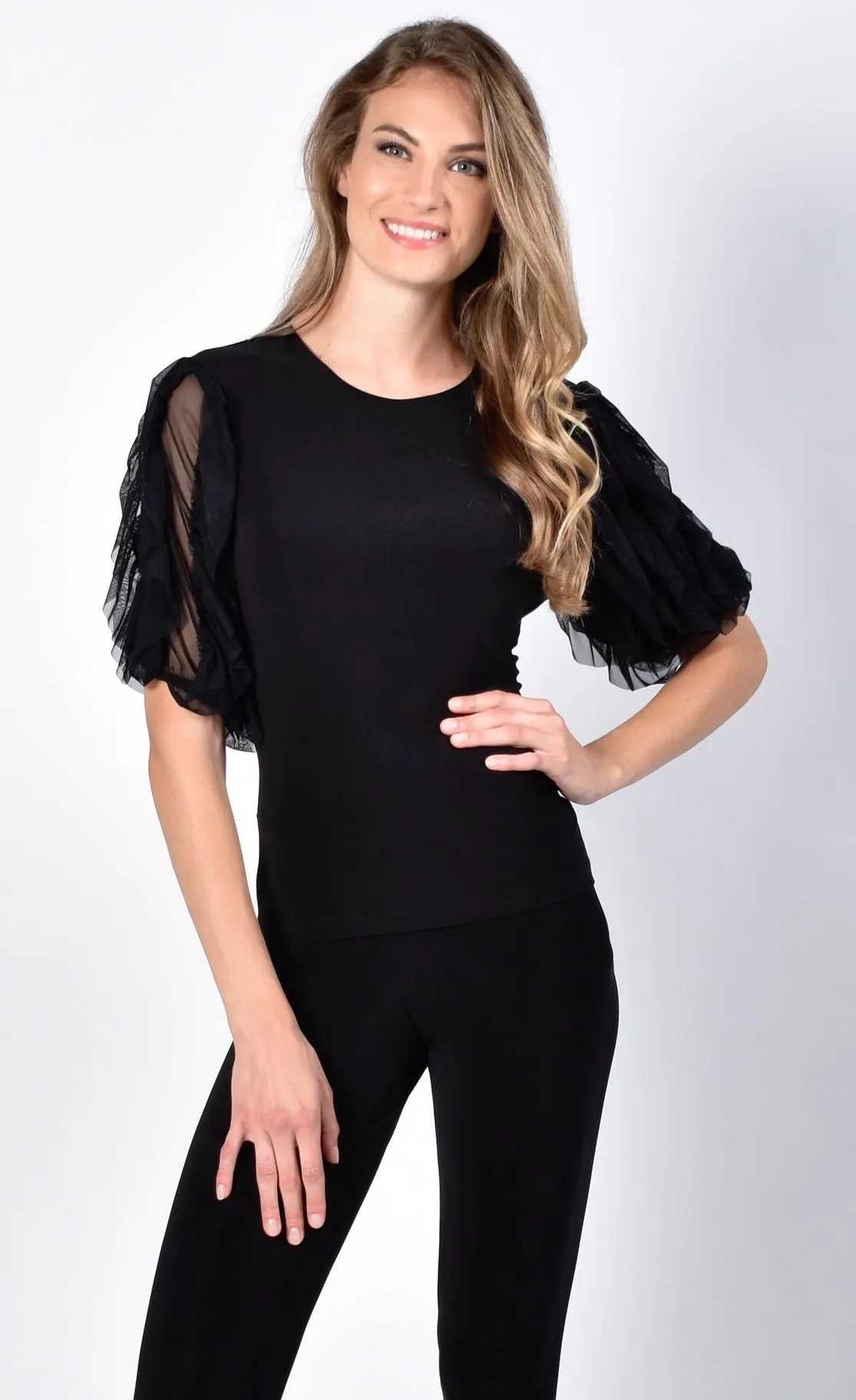 Frank Lyman Black Knit Top w/ Sheer Sleeves