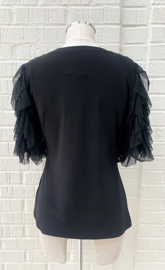 Frank Lyman Black Knit Top w/ Sheer Sleeves